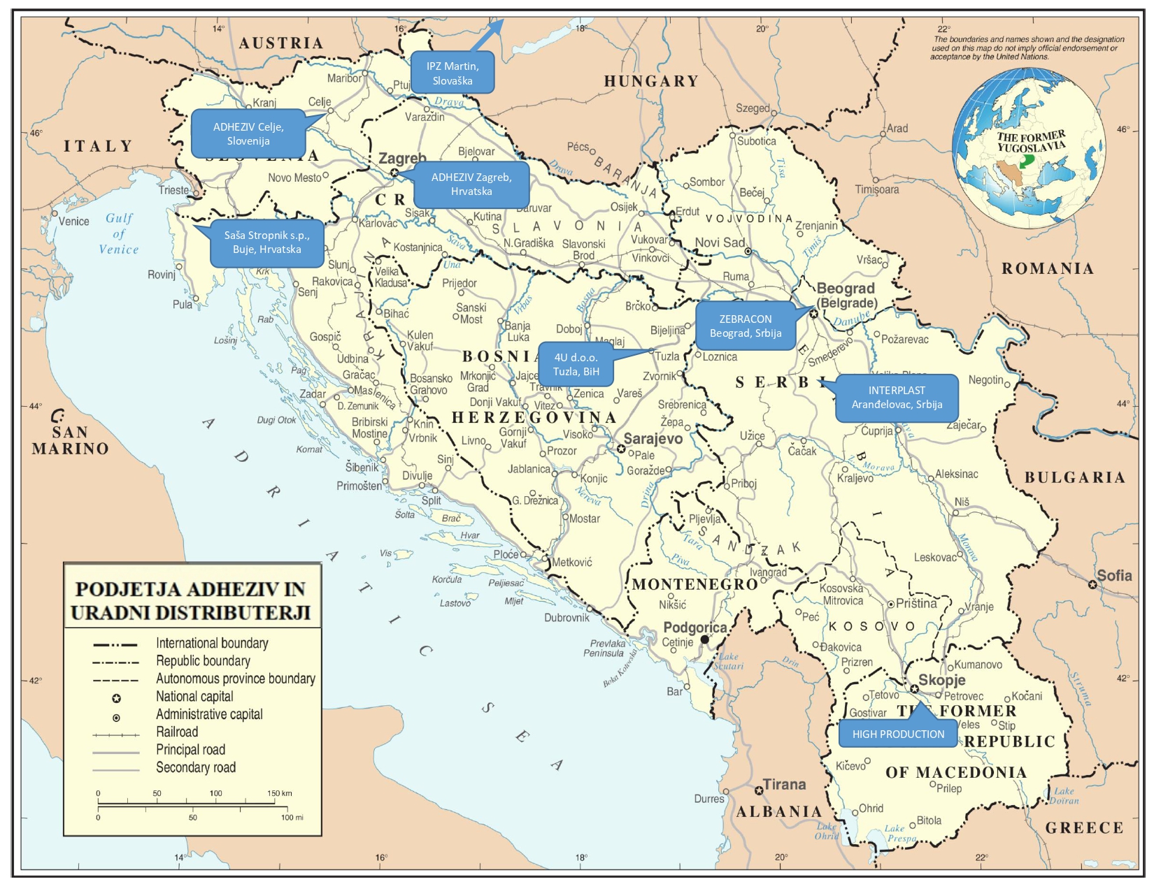 Zemljevid bivša YU _ Distributerji Adheziva 2025